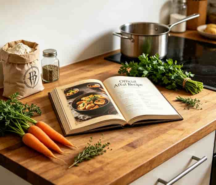Open Elder Scrolls official cookbook on a kitchen island with ingredients nearby