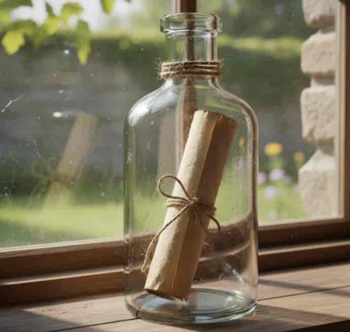 Glass bottle with a rolled kraft paper quest scroll inside tied with twine on a windowsill