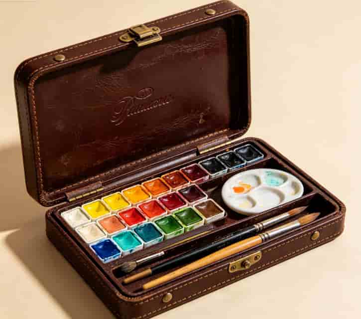 Portable watercolor paint travel set in leather case gift for artist girlfriend