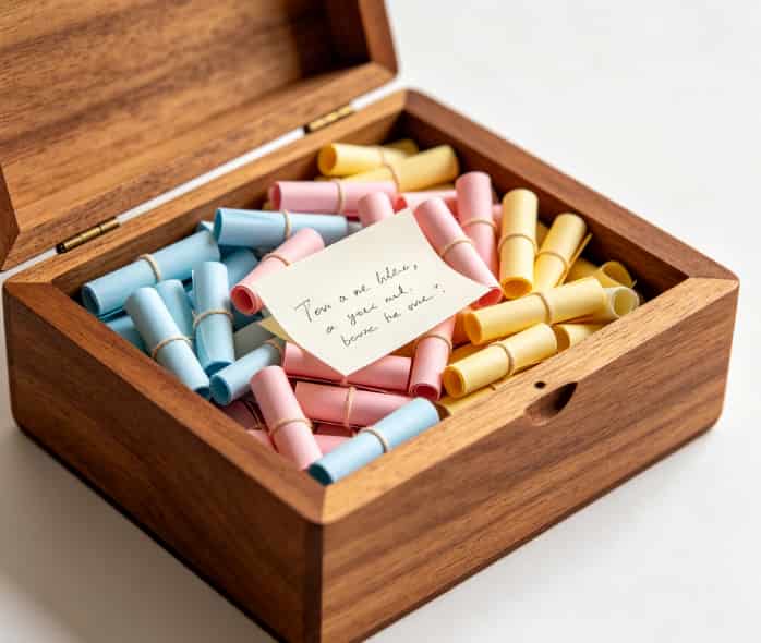 Wooden box filled with tiny rolled message notes