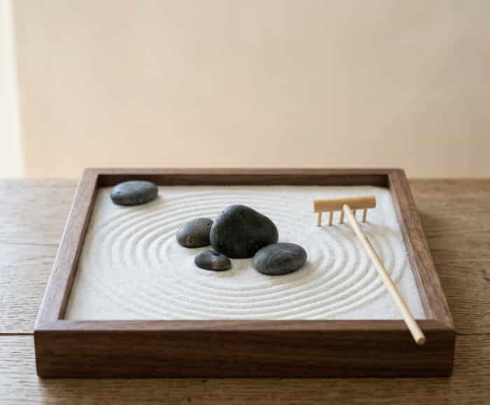 Mini desktop zen garden with sand, stones, and a tiny rake