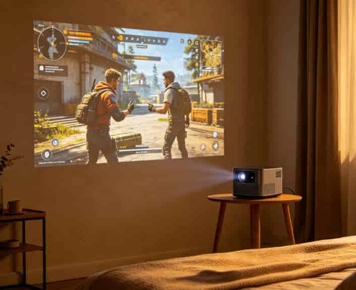 Mini projector casting a co-op video game onto a bedroom wall in dim warm light