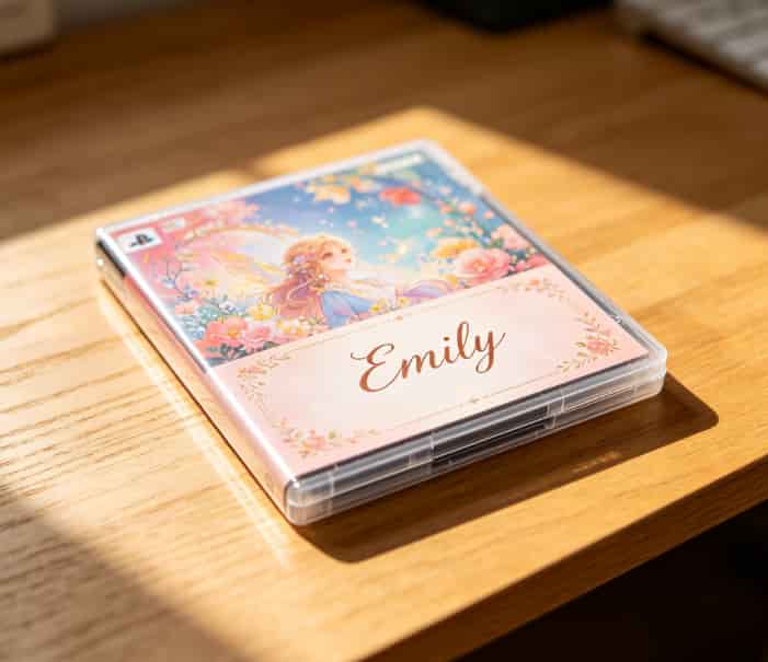 Physical game case on a desk with a custom art insert featuring a personalized name