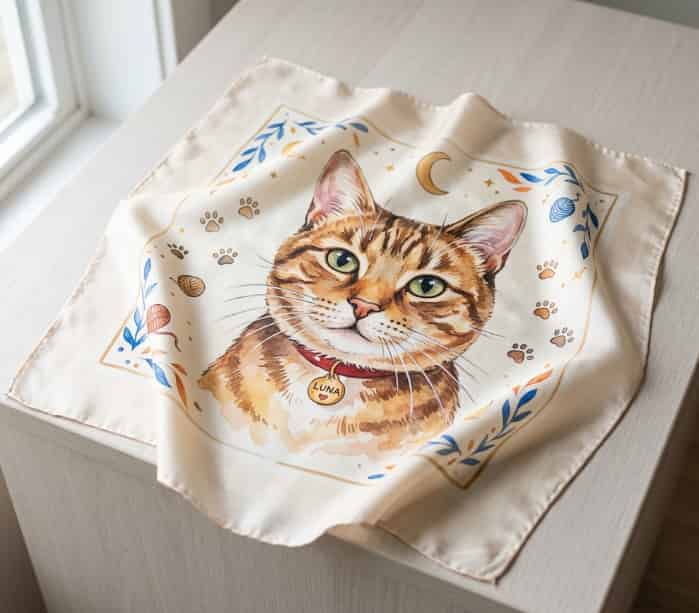 Lightweight silk scarf printed with a pet portrait design