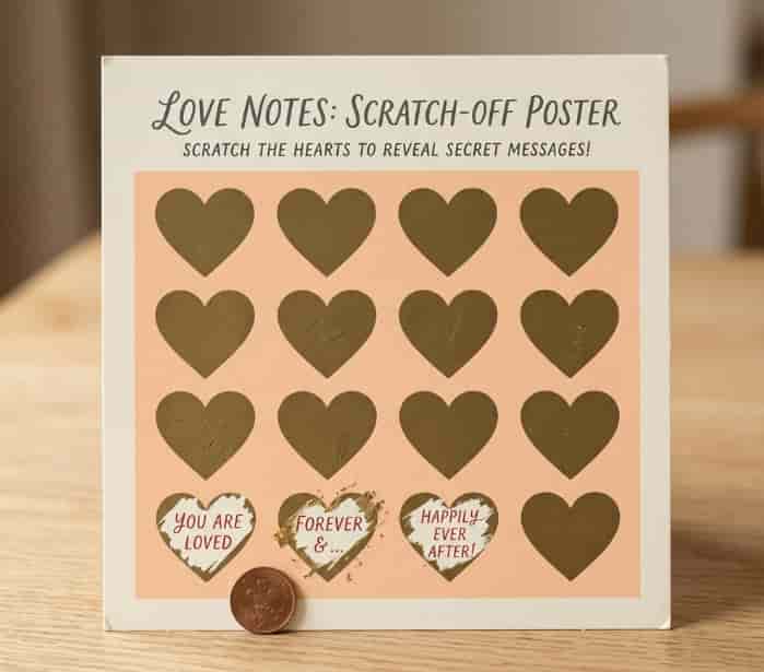 Scratch-off poster with hidden heart-shaped messages