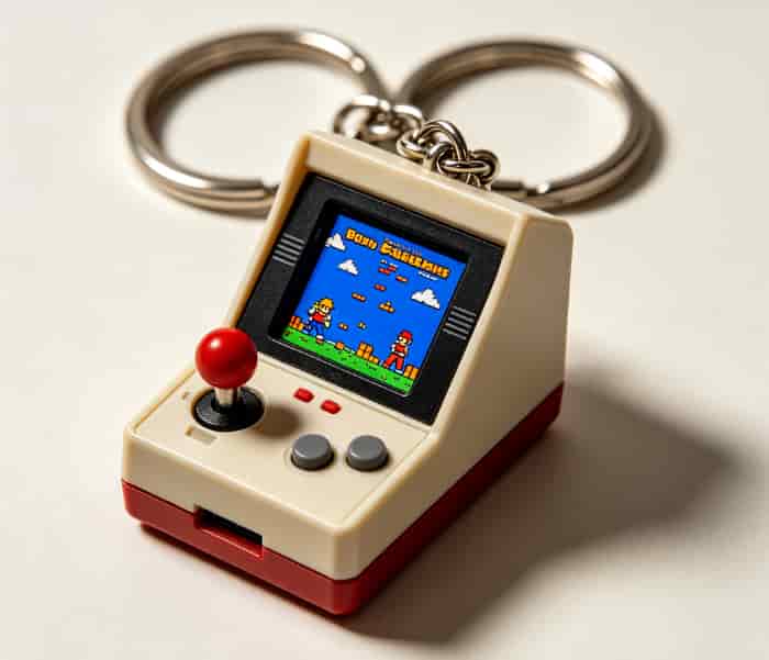 Miniature retro arcade game keychain with classic gameplay