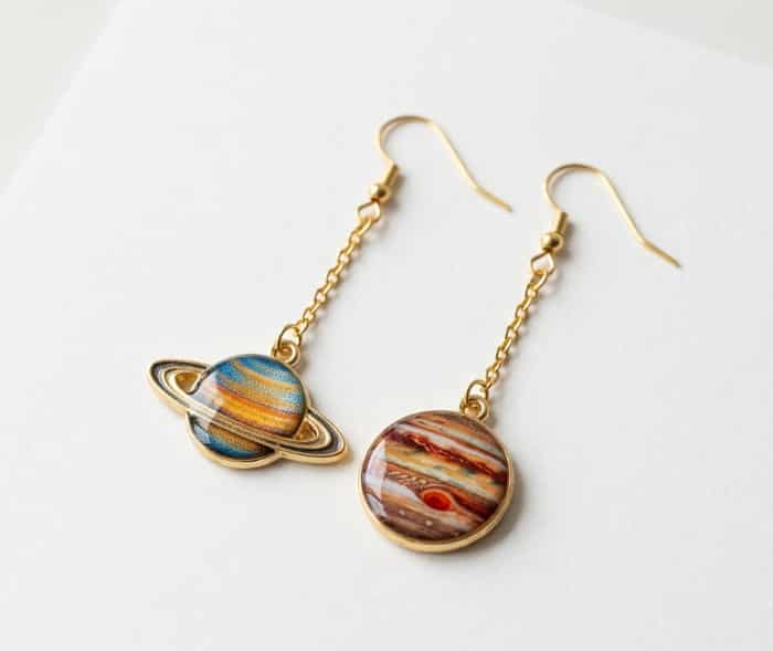Dangle earrings shaped like colorful solar system planets