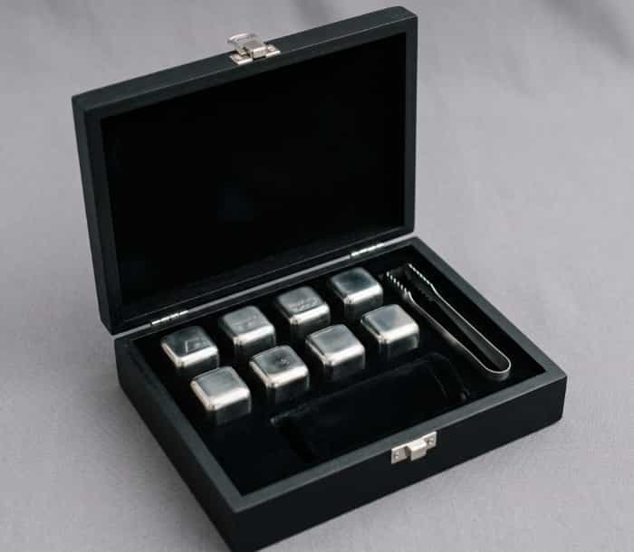 Gift box of reusable stainless steel whiskey chilling cubes