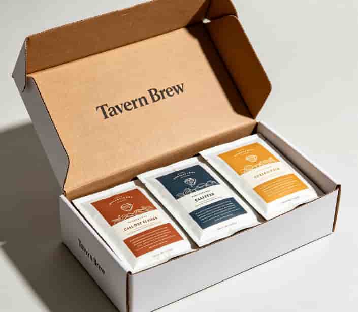 Opened gamer-themed coffee subscription box called Tavern Brew with three drip bags inside