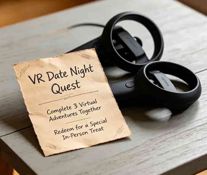 Handmade VR date night voucher designed as a quest card, placed next to VR controllers