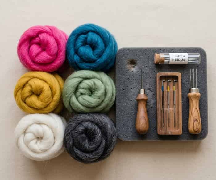 Needle felting craft kit with colorful wool roving and tools