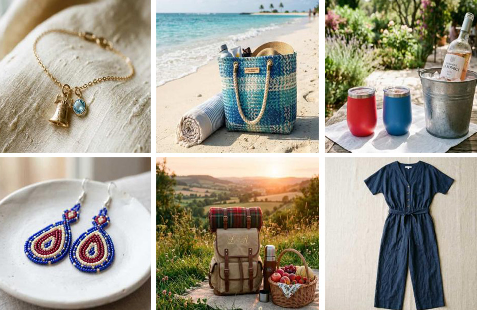 Collage of six 4th of July gift ideas for girlfriend