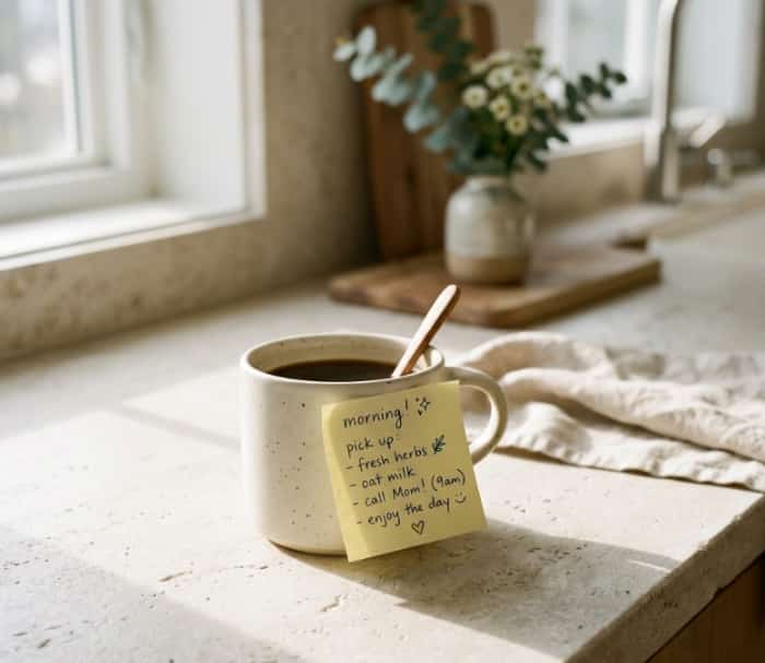 Short love note on yellow sticky note attached to modern ceramic coffee mug