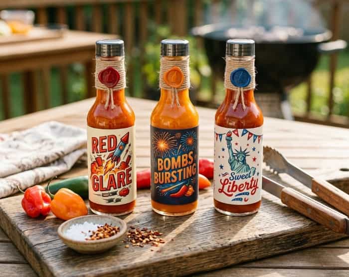 Three artisanal hot sauces with custom labels on a rustic table during a barbecue cookout