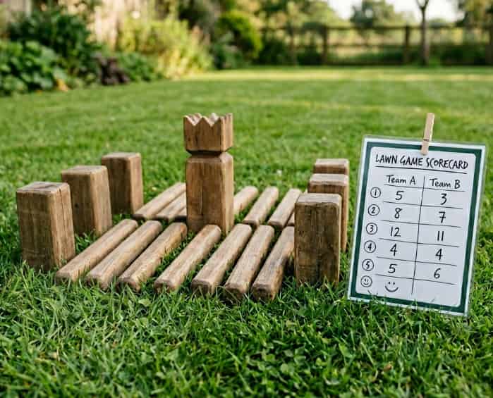 A rustic wooden lawn game set arranged on green grass next to a laminated scorecard showing game scores