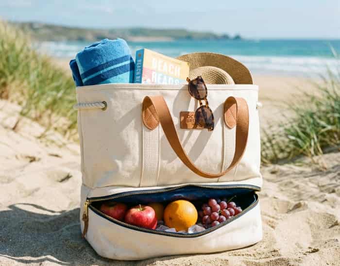 A canvas tote bag with a zipped-open bottom compartment filled with fresh fruits on the sand