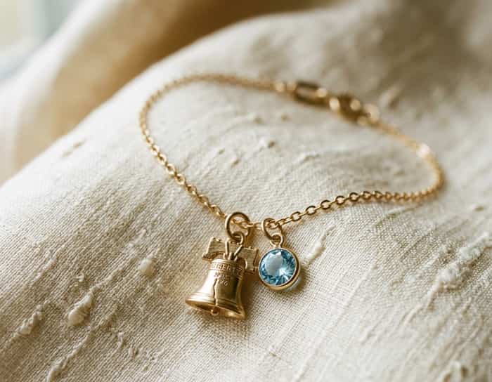 Close-up of gold liberty bell charm bracelet with small birthstone on soft cream textile