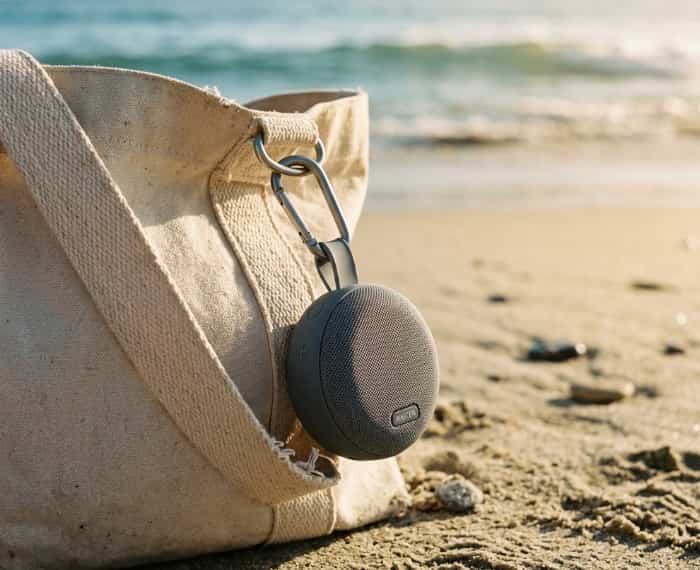 A small round bluetooth speaker clipped to a canvas tote bag on sunny sand with a blurry ocean background