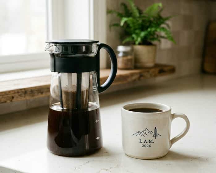A clear glass cold brew coffee maker and a personalized white ceramic mug sitting on a light kitchen counter next to a window