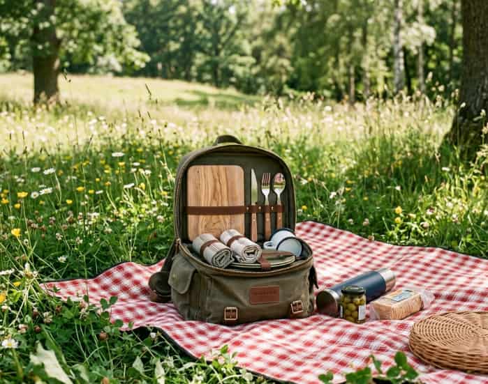 An open green picnic backpack filled with dining utensils on a red checkered blanket