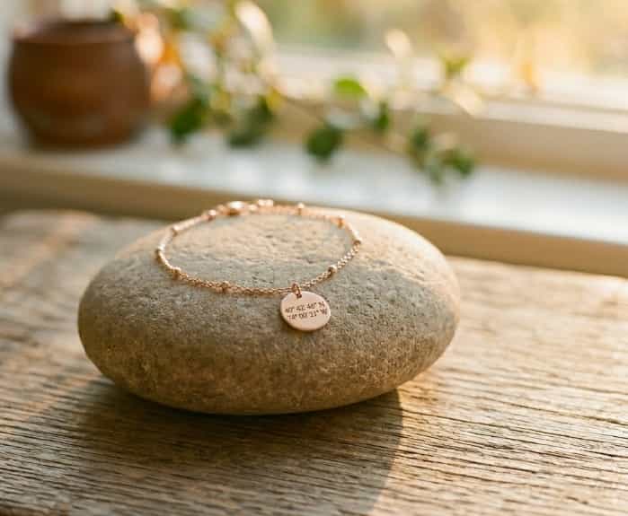 Minimalist rose gold coordinates bracelet engraved with latitude and longitude on a smooth stone