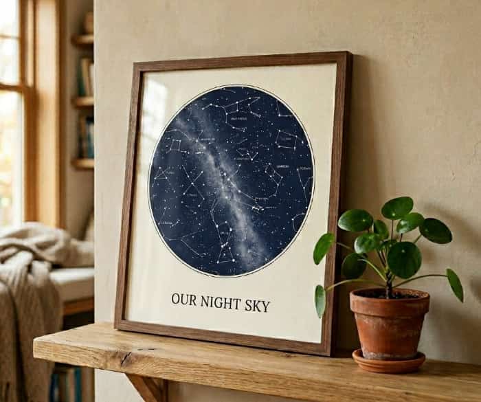 Framed custom star map print leaning on a wooden shelf next to a small potted plant