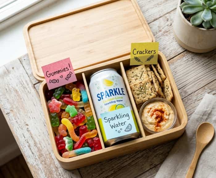 Reusable wooden snack box with gummy worms, crackers, hummus, and a can of sparkling water