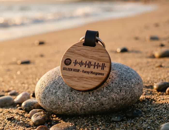 Round wooden keychain with Spotify code on a beach pebble