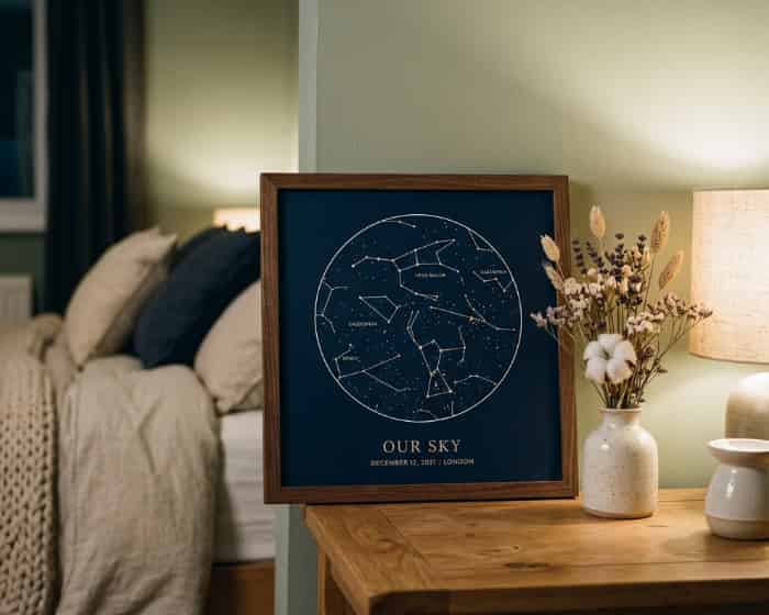 Framed minimalist star map on a bedroom nightstand, soft natural light