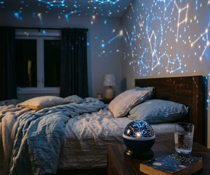 Custom star projector on a nightstand casting blue star patterns across a bedroom ceiling