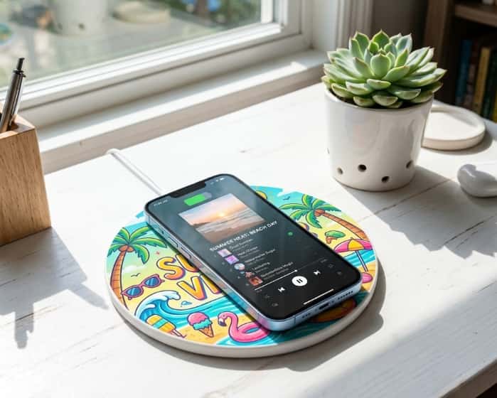 Smartphone on illustrated summer charging pad on desk with succulent plant
