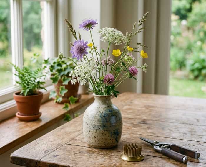 DIY flower arranging kit with a hand-thrown ceramic vase, wildflowers, a flower frog, and shears on a wooden table