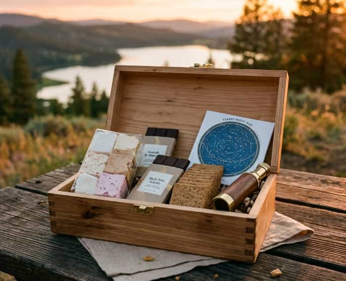 DIY s'mores stargazing date-night box, gourmet marshmallows, chocolate, star chart, telescope, outdoor picnic table