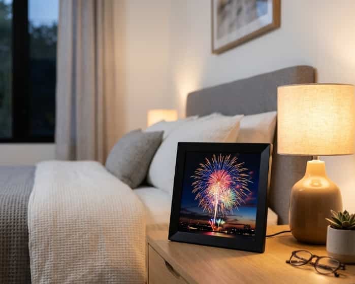 Digital photo frame displaying fireworks, nightstand, warm lamp light, bedroom interior