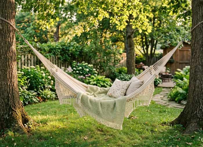 A wide white double hammock with fringe stretched between two large trees in a sunny backyard