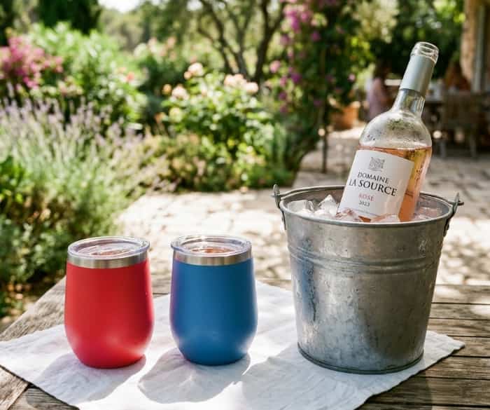 Red and blue insulated wine tumblers on white linen napkin next to rose wine in ice bucket