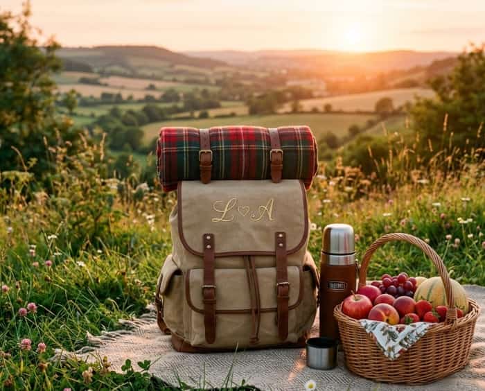 Personalized embroidered picnic backpack with initials on a grassy hilltop at sunset