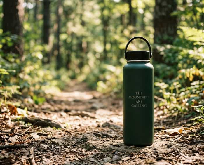 Green engraved water bottle standing on a sunlit nature trail