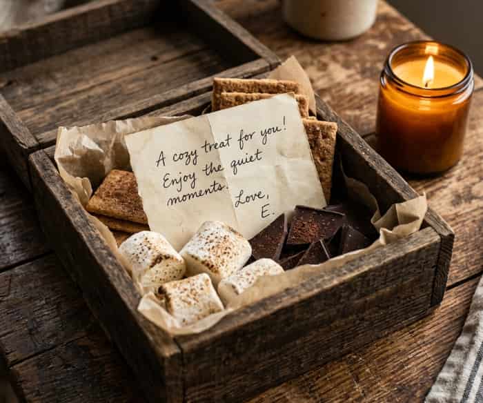 Wooden box with artisan marshmallows, dark chocolate, and a handwritten note, warm candlelight