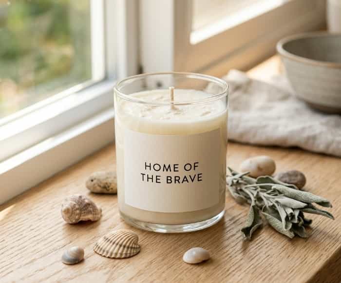 Minimalist soy candle labeled "Home of the Brave" with seashells and dried sage on windowsill