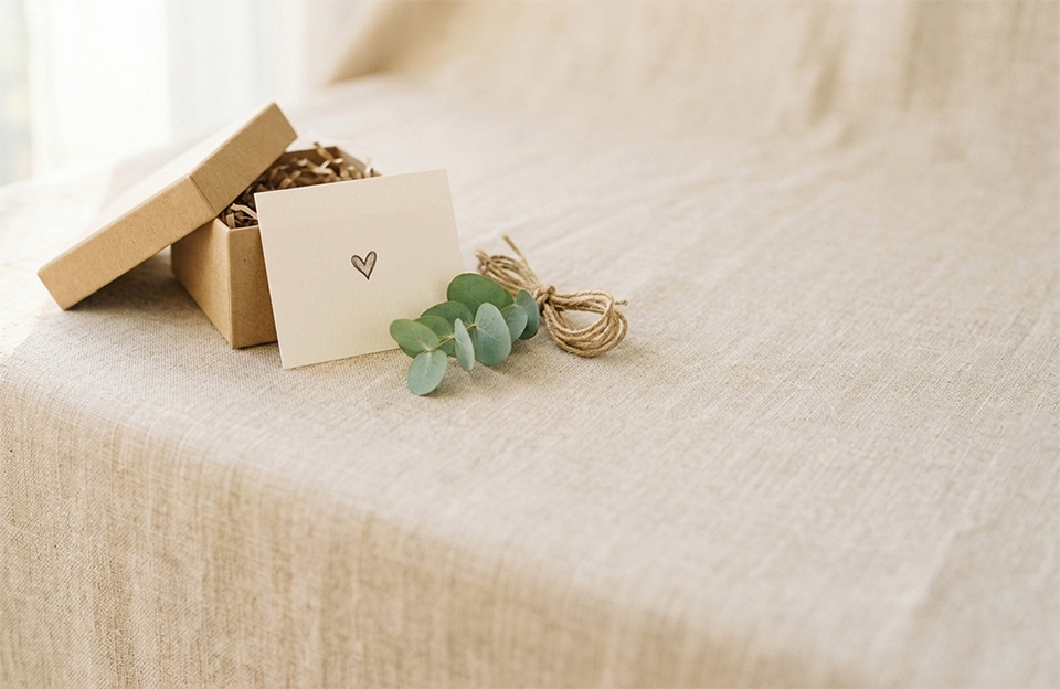 Thoughtful gift box with card and eucalyptus sprig for article 'How to Match a Thoughtful Gift to Your Girlfriend’s Personality'