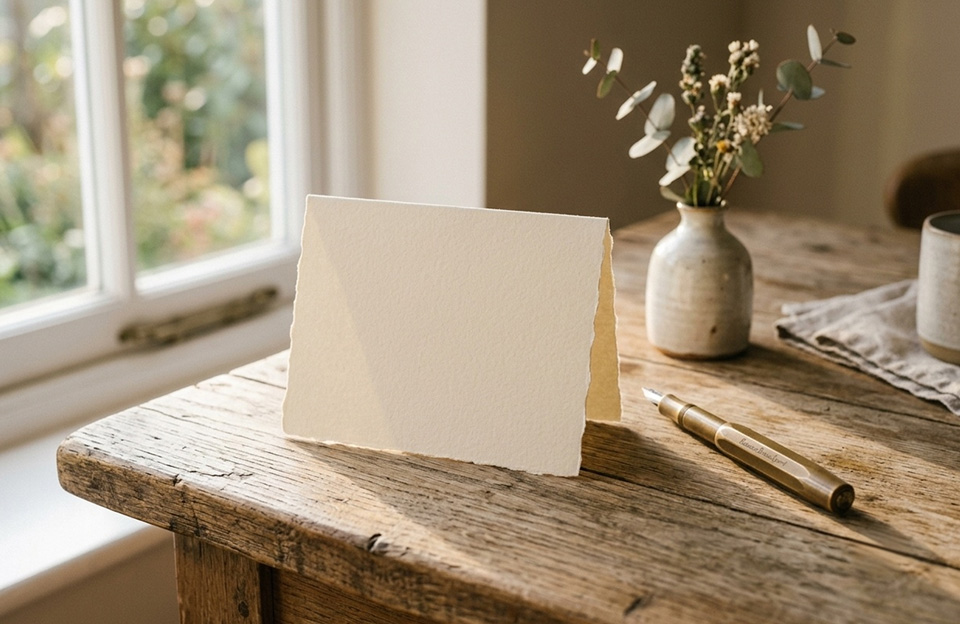 Blank greeting card and brass pen on wooden desk under warm sunlight
