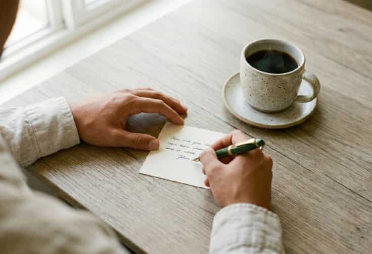 Jie writing a thoughtful gift note at a cozy desk
