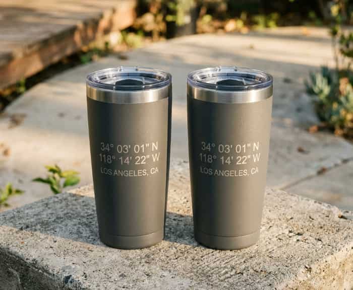 Two matching gray insulated tumblers engraved with coordinates on a concrete surface