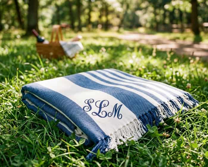 Folded thick blue and white striped picnic blanket on green grass with personalized embroidered initials on the corner