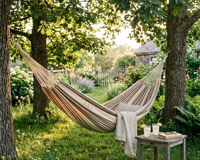 Striped hammock between trees in lush garden with table and glasses