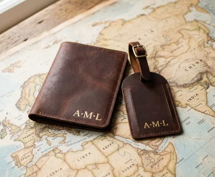 Personalized brown leather passport holder and matching luggage tag with engraved initials on a vintage world map