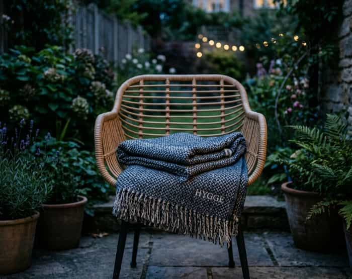 Blue woven throw blanket with fringe draped over a rattan chair, soft evening light