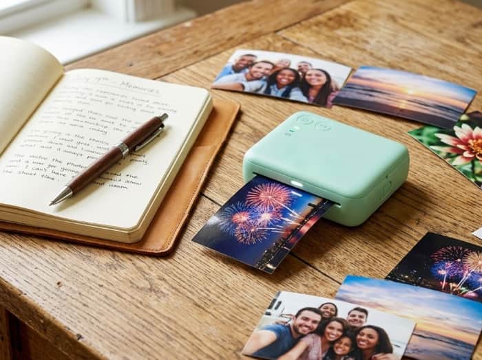 Mint green pocket photo printer printing firework picture, open journal with pen on wooden table