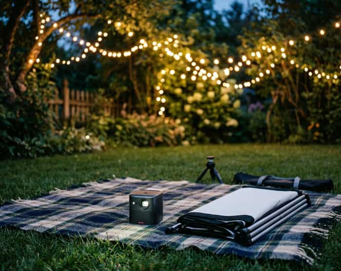 Compact portable projector, folded screen on plaid blanket, backyard twilight date night setup